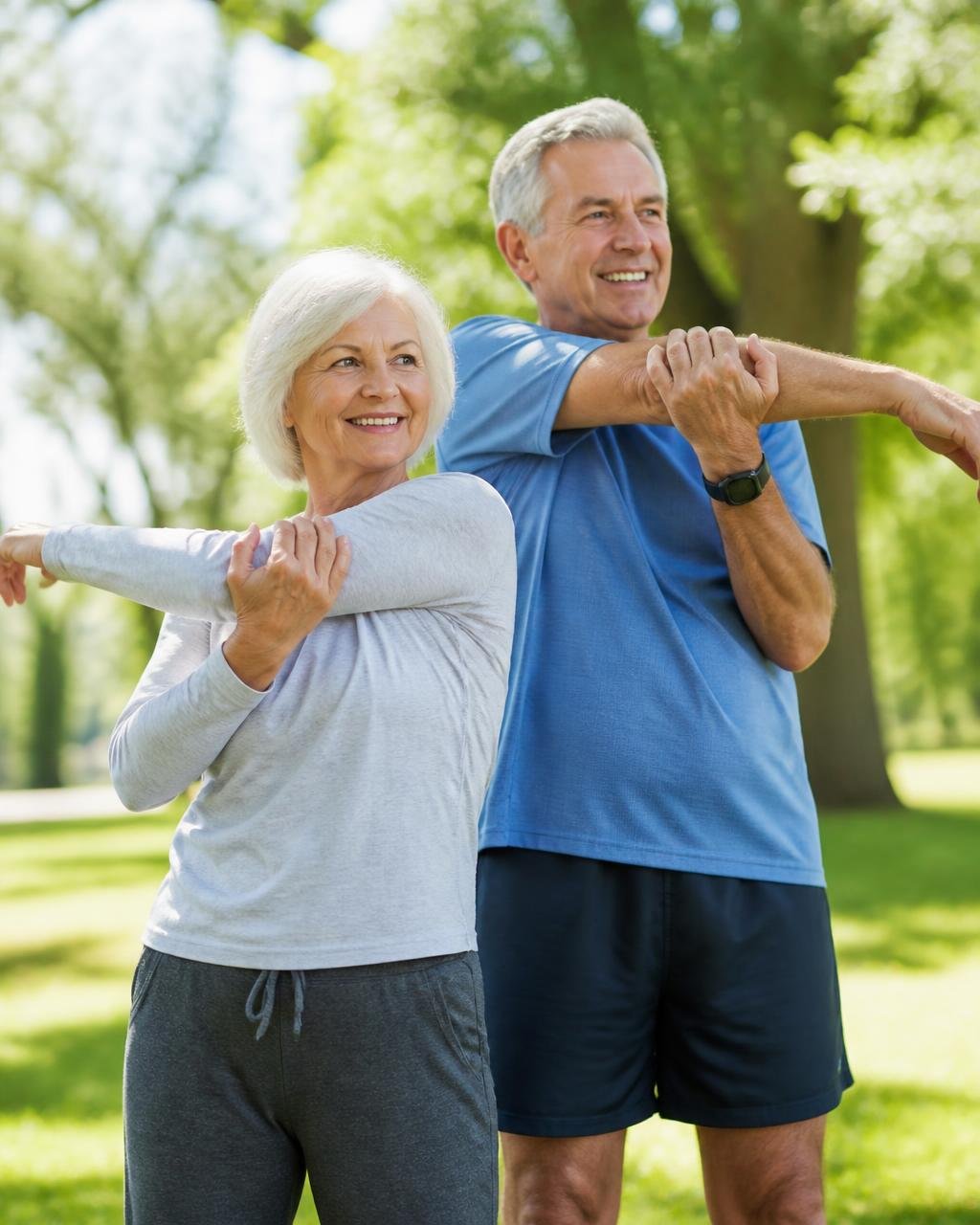 Active senior couple stretching together outdoors in a sunny park