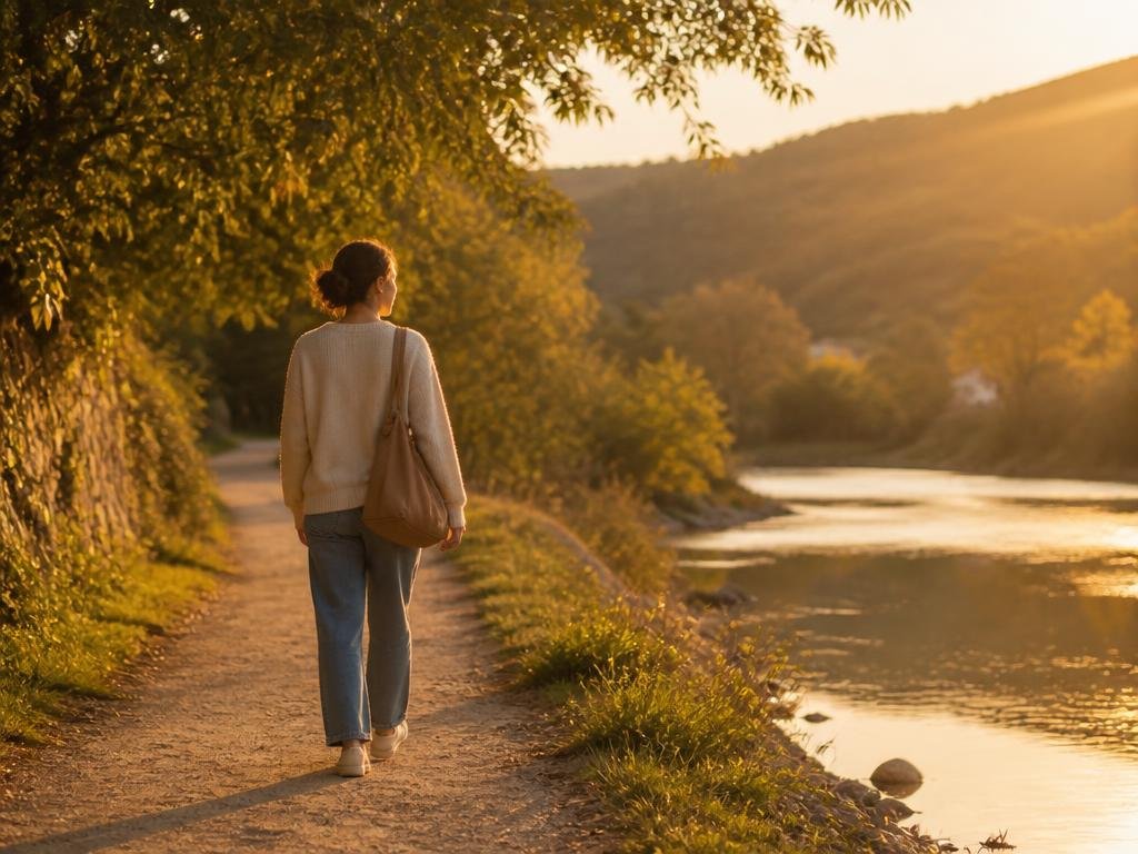 Person walking along a peaceful riverside path in soft golden light
