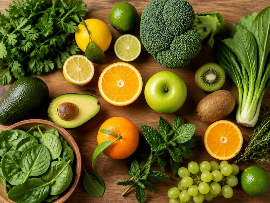 Fresh green vegetables and citrus fruits on a warm wooden surface